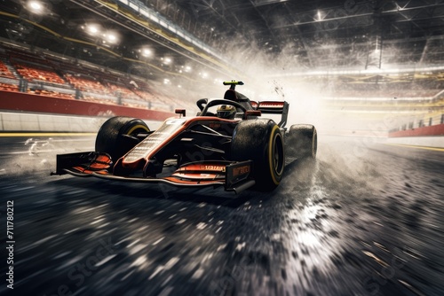 An action-packed image of a red race car driving with high speed on a race track, High-speed Formula 1 race in a professional circuit, AI Generated