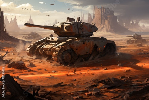 A squadron of military tanks maneuvering in a vast desert terrain during a military operation, Huge armored tanks rumbling across a war torn landscape, AI Generated photo