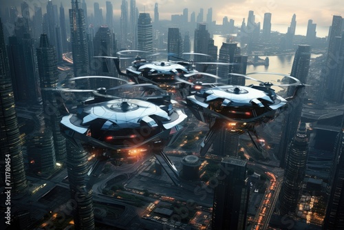 This dynamic image captures the essence of a futuristic city, defined by its towering skyscrapers and advanced technology, Hybrid helicopter drones in a vertical city, AI Generated © Iftikhar alam