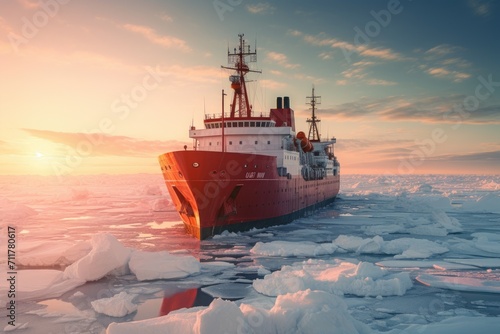 A visual depiction of a red and white boat calmly resting on top of a frozen ice surface, Icebreaker ship making its way through the frozen Arctic Ocean, AI Generated