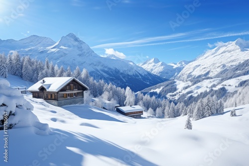 A house nestled amidst a snowy mountain landscape, providing a serene and tranquil getaway, Idyllic Swiss Alps with a blanket of fresh snow, AI Generated