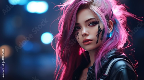 Futuristic girl anime style cyberpunk colored hair AI generated image