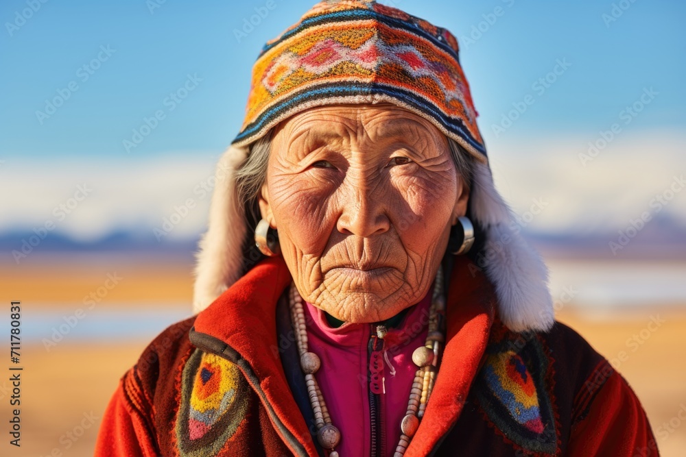 Portrait of a Mongolian elderly woman in a national costume against the background of nature