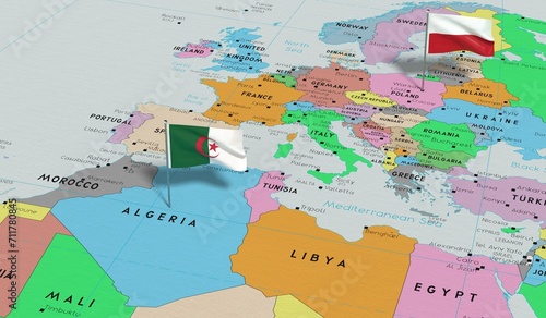 Poland and Algeria - pin flags on political map - 3D illustration