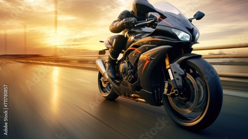 Futuristic motorbike speeding on the highway AI generated image photo
