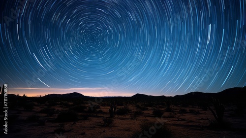 Star trail in the sky over a desert