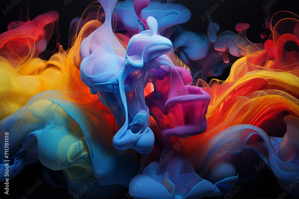 Graphic resources of colorful goo, smoke, mist, cloud or dye, paint floating in water or levitating in air. Abstract, minimalist and surreal background with copy space - obrazy, fototapety, plakaty 