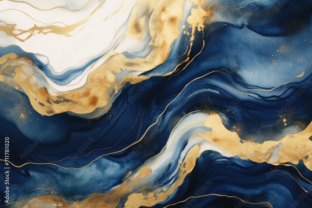 This mesmerizing painting showcases a striking blend of gold and blue paint, creating a captivating visual experience, Indigo and gold fluid waves, AI Generated