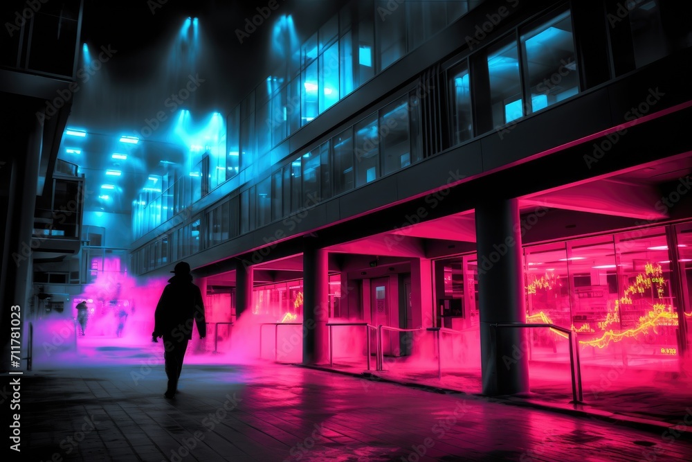 A person walks down a sidewalk in front of a building, Infrared thermal look of a hot stock market, AI Generated