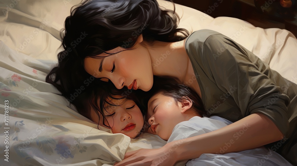 Asian mother sleeping with her loving child AI generated image Asian mother sleeping with her loving child AI generated image
