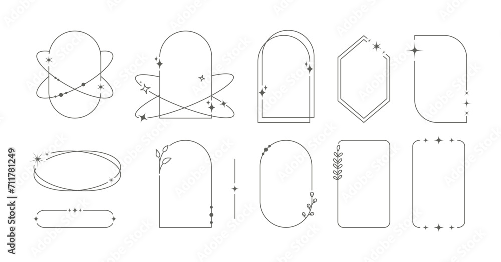 Modern minimalist aesthetic line geometric frames with stars and floral elements set Modern minimalist aesthetic line geometric frames with stars and floral elements set