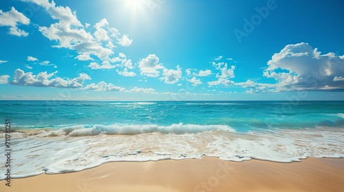 Illustration of a beach with serene ocean waters under a beautiful blue sky. Vast blue sea in a calm and relaxing color palette.