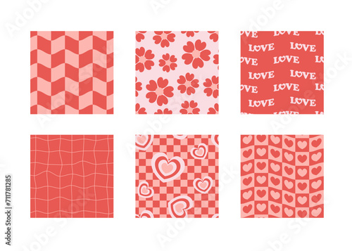 Groovy Valentines day seamless pattern collection. Love psychedelic retro style background set.
