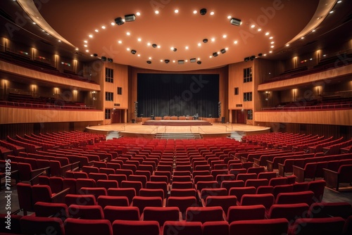 The image shows an empty auditorium  characterized by red seats and a vacant stage  International business conference in a large auditorium  AI Generated