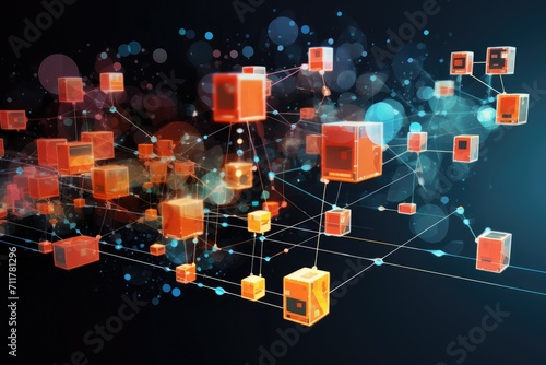 An intriguing image showcasing a collection of orange cubes arranged abstractly on a black background, Internet of Things presented as an interconnected mesh of abstract blocks, AI Generated
