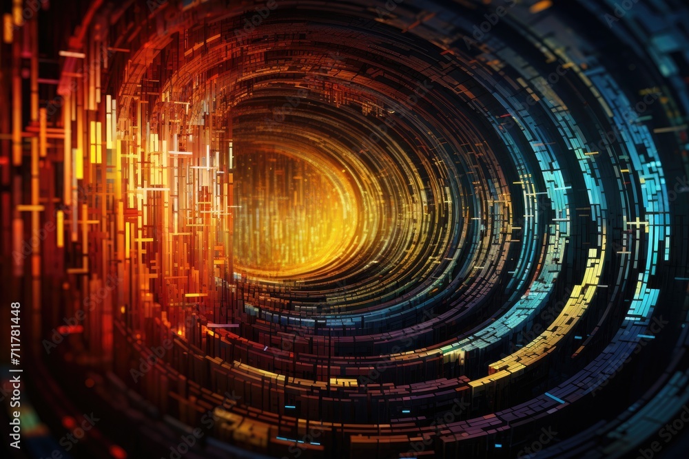 Explore the mesmerizing depths of a computer-generated tunnel as it transports you into the digital realm, Interweaving swirls of code language creating an abstract masterpiece, AI Generated Explore the mesmerizing depths of a computer-generated tunnel as it transports you into the digital realm, Interweaving swirls of code language creating an abstract masterpiece, AI Generated