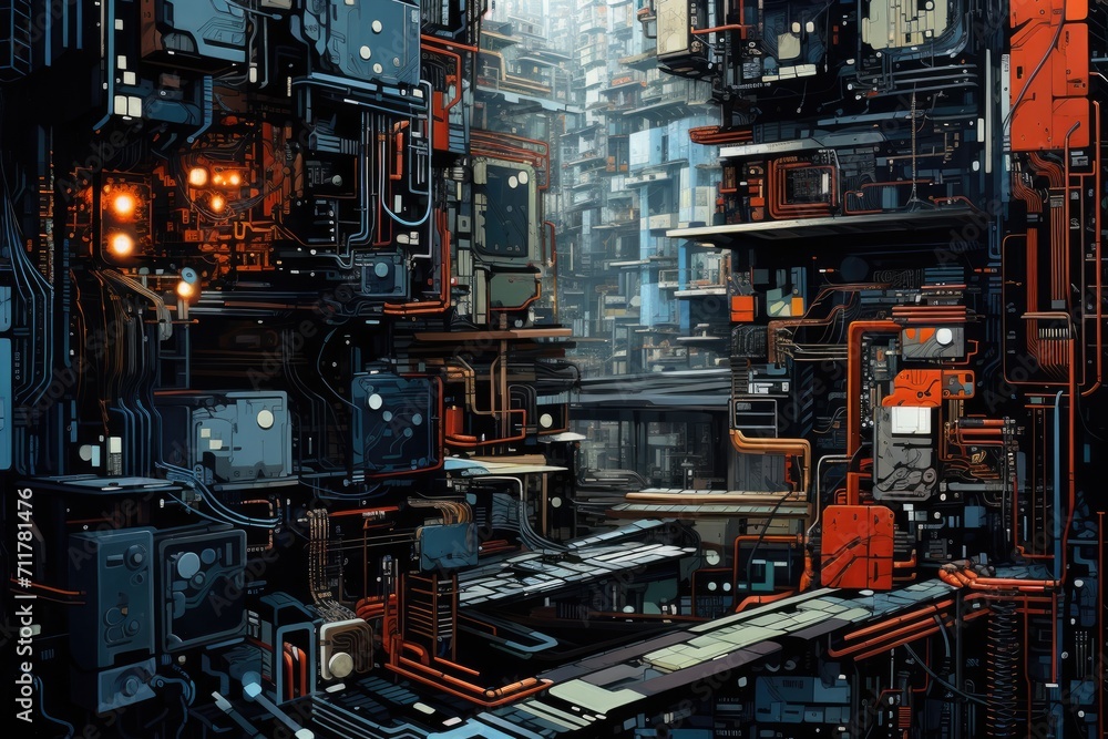 Futuristic City With Tall Buildings, A Vision of Modern Architecture and Urban Development, Intricacies of a motherboard transformed into an abstract cityscape, AI Generated