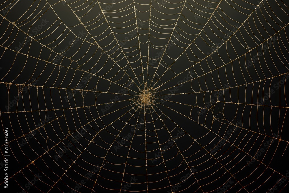 A shimmering spider web glistens with dew drops, capturing the delicate beauty of nature, Intricate pattern of a spider web symbolizing web technologies, AI Generated