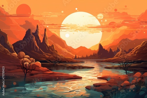 A beautiful painting capturing the serenity of a river surrounded by majestic mountains  Interpretation of a desert sunset with abstract elements  AI Generated