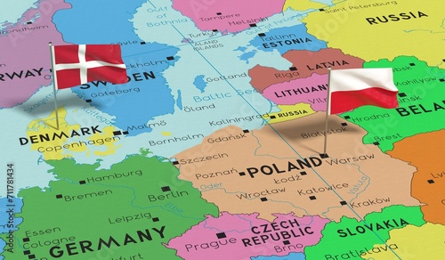 Poland and Denmark - pin flags on political map - 3D illustration