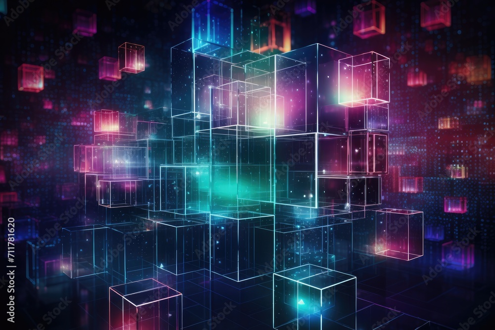 An assortment of cubes, of various sizes and colors, floating in mid-air, Jewel-toned representation of data storage in futuristic cube forms, AI Generated An assortment of cubes, of various sizes and colors, floating in mid-air, Jewel-toned representation of data storage in futuristic cube forms, AI Generated