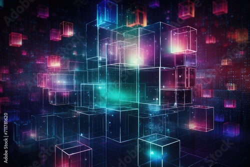 An assortment of cubes, of various sizes and colors, floating in mid-air, Jewel-toned representation of data storage in futuristic cube forms, AI Generated