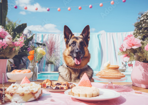 A German shepherd is sitting in front of a table decorated with cakes, flowers in vases, cookies, and various food. Summer spring scene with a swimming pool in the background.