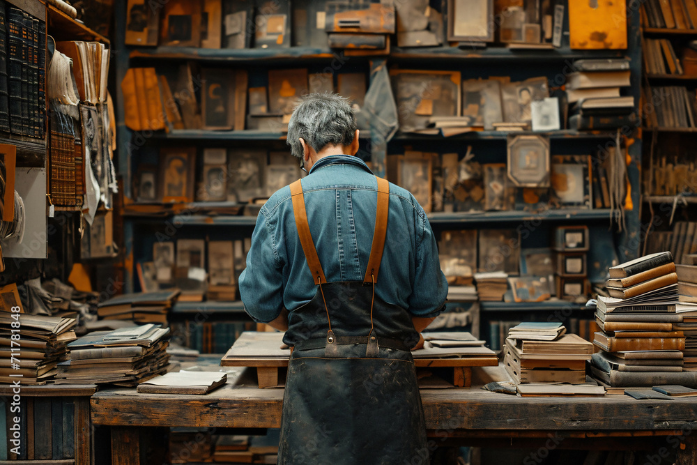 Bookbinder antiquarian bookseller restoring old books in his workshop - obrazy, fototapety, plakaty 