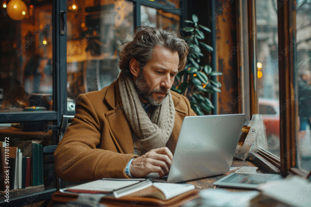 Mature business man working with laptop computer from a coffee shop during wintertime Mature business man working with laptop computer from a coffee shop during wintertime