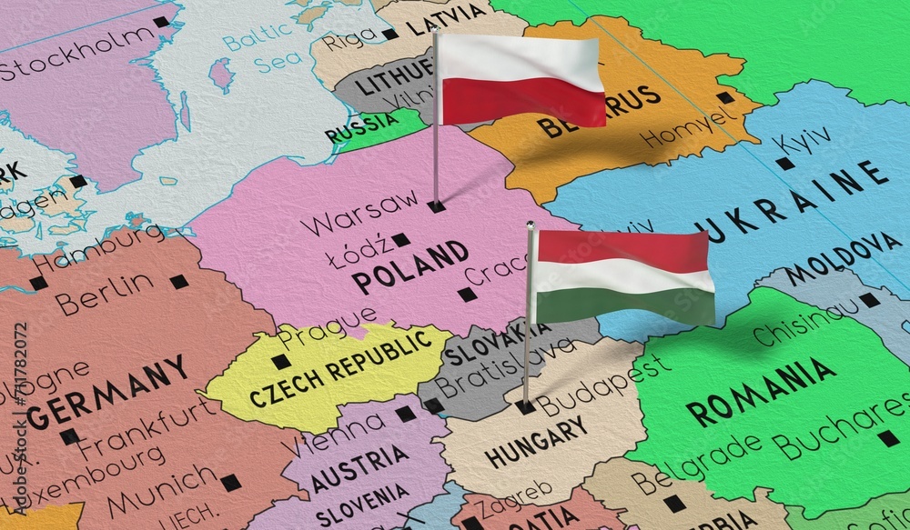 Naklejka premium Poland and Hungary - pin flags on political map - 3D illustration