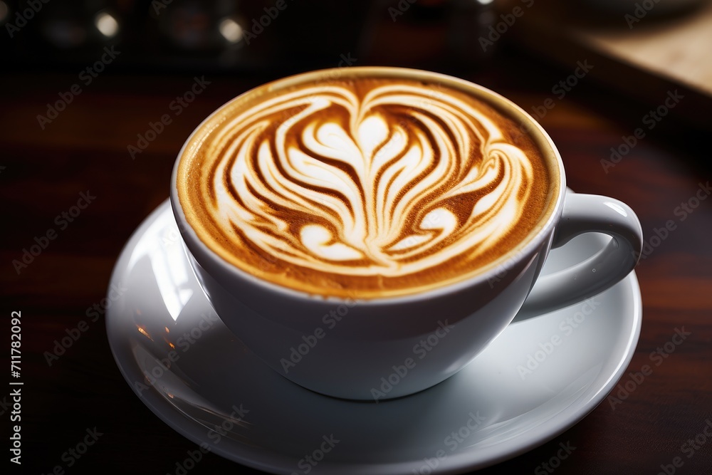 An inviting cappuccino served on a small saucer, gently placed on a table, with a warm steam rising from the cup, Latte art in a cafe frequented by freelancers, AI Generated An inviting cappuccino served on a small saucer, gently placed on a table, with a warm steam rising from the cup, Latte art in a cafe frequented by freelancers, AI Generated