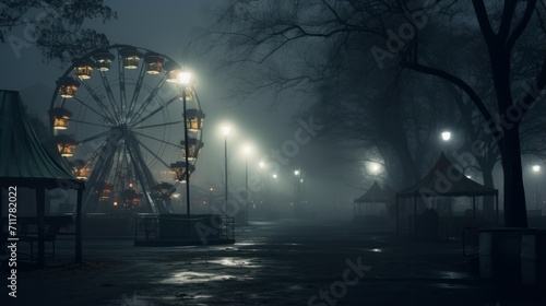 Foggy night ferris wheel in a park