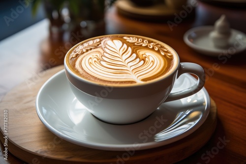 A classic cappuccino served on a saucer, resting on a rustic wooden table, Latte art in a cafe frequented by freelancers, AI Generated photo