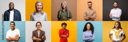 A collage showcases a multicultural array of individuals posing with confidence and ease, each against a vividly colored backdrop. The shooting concept to celebrate individuality and diversity photo