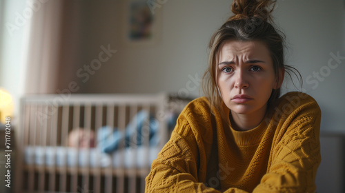 a depressed woman with postpartum syndrome. A girl in a mustard-colored sweater with a tired and tortured face against the background of a crib with a baby. photo
