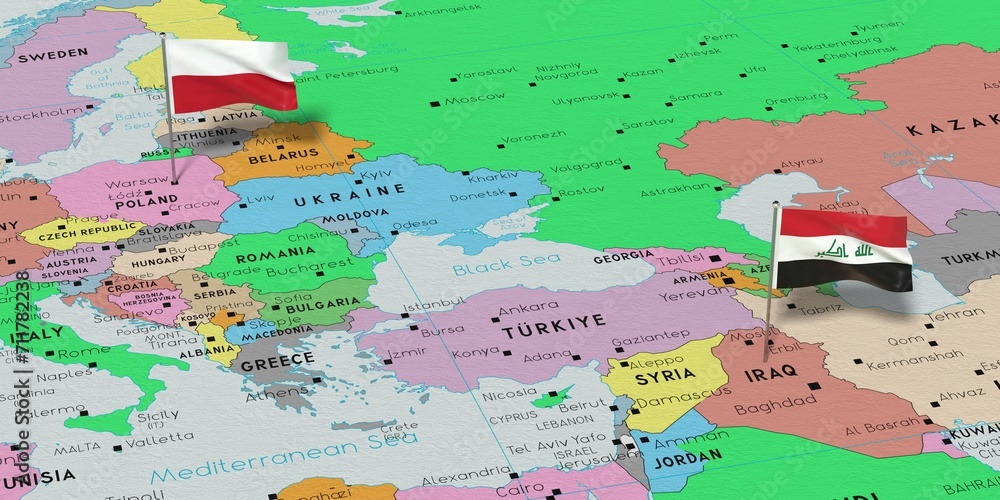 Poland and Iraq - pin flags on political map - 3D illustration