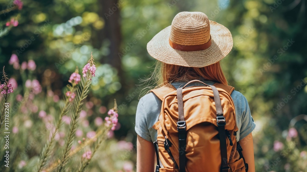 Rear view of a woman with a backpack and straw hat hiking in a flowery meadow