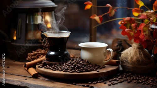 Aromatic coffee in rustic setting