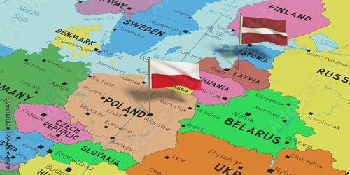 Poland and Latvia - pin flags on political map - 3D illustration