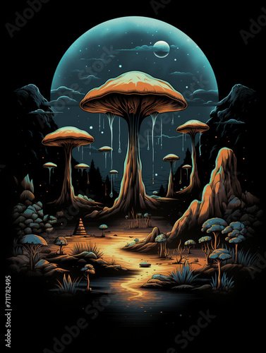 T-shirt design, a surrealist landscape of a moonlit desert with giant mushrooms instead of cacti created with Generative Ai