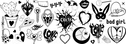 Y2k 2000s cute emo goth aesthetic stickers, tattoo art elements and slogan. black punk rock set. Gothic concept . Vector illustration