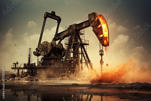 Extraction of crude oil from underground. Oil production. An environmental disaster photo