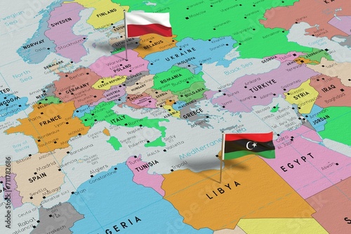 Poland and Libya - pin flags on political map - 3D illustration