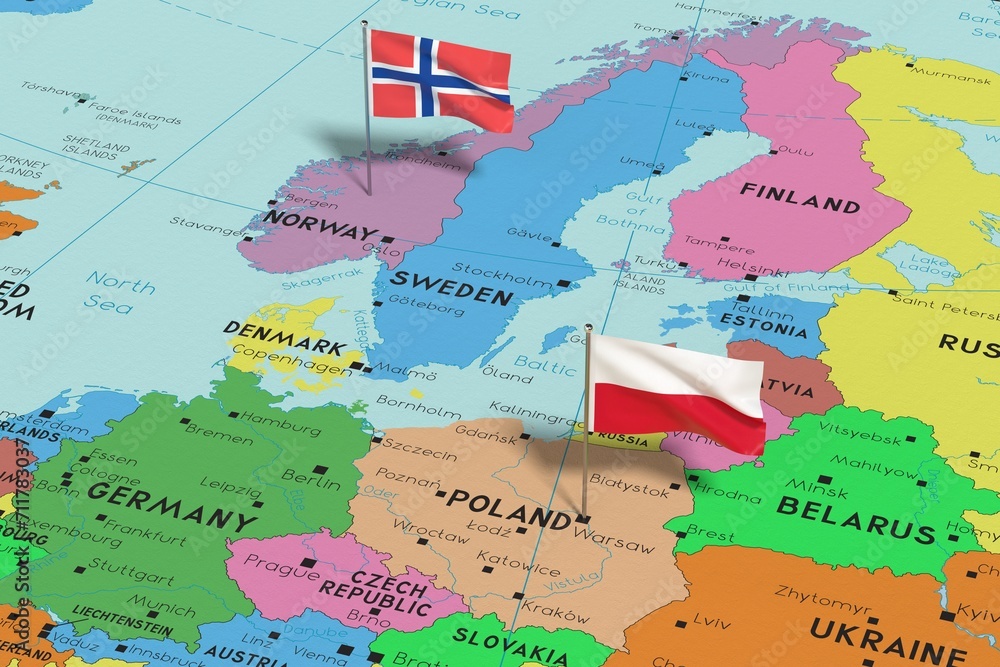 Poland and Norway - pin flags on political map - 3D illustration