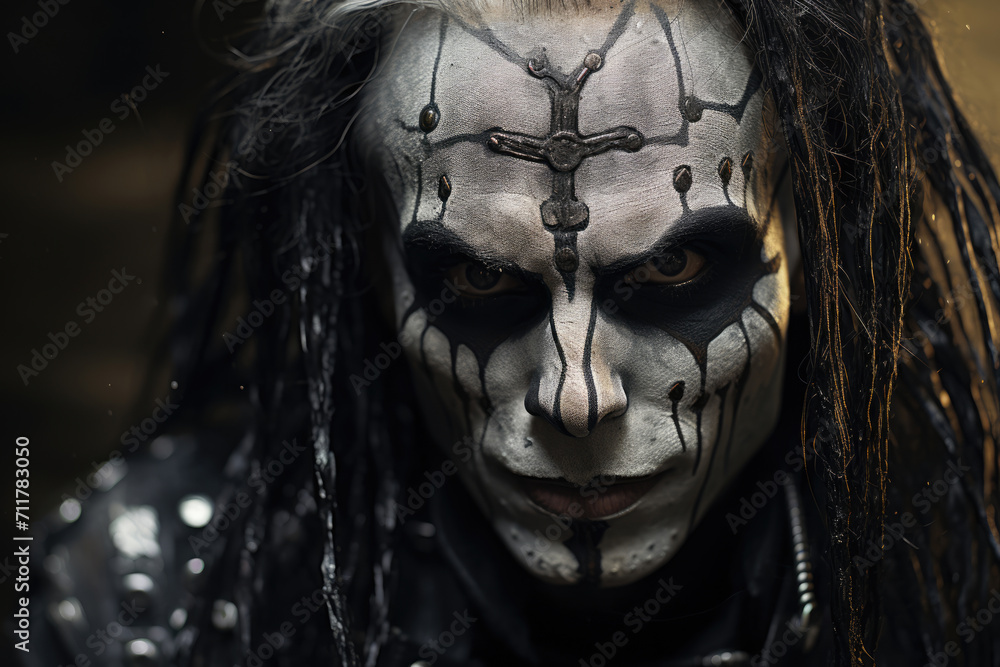 Portrait of a man, black metal metalhead in makeup with long hair