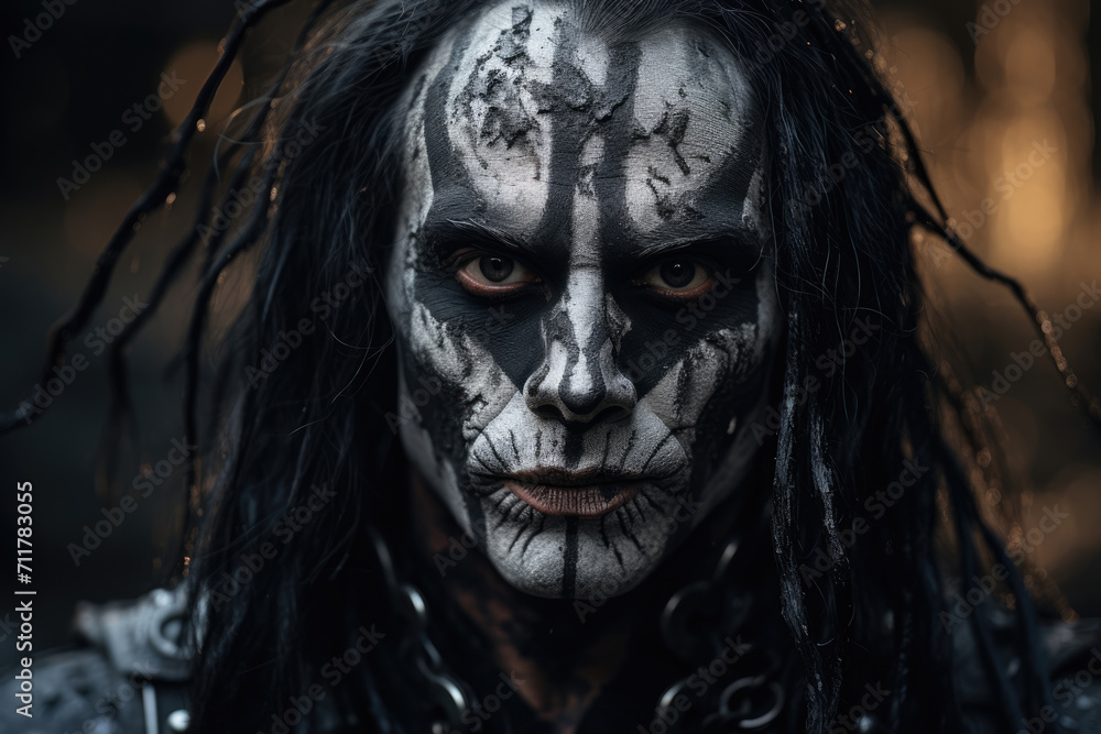 Portrait of a man, black metal metalhead in makeup with long hair