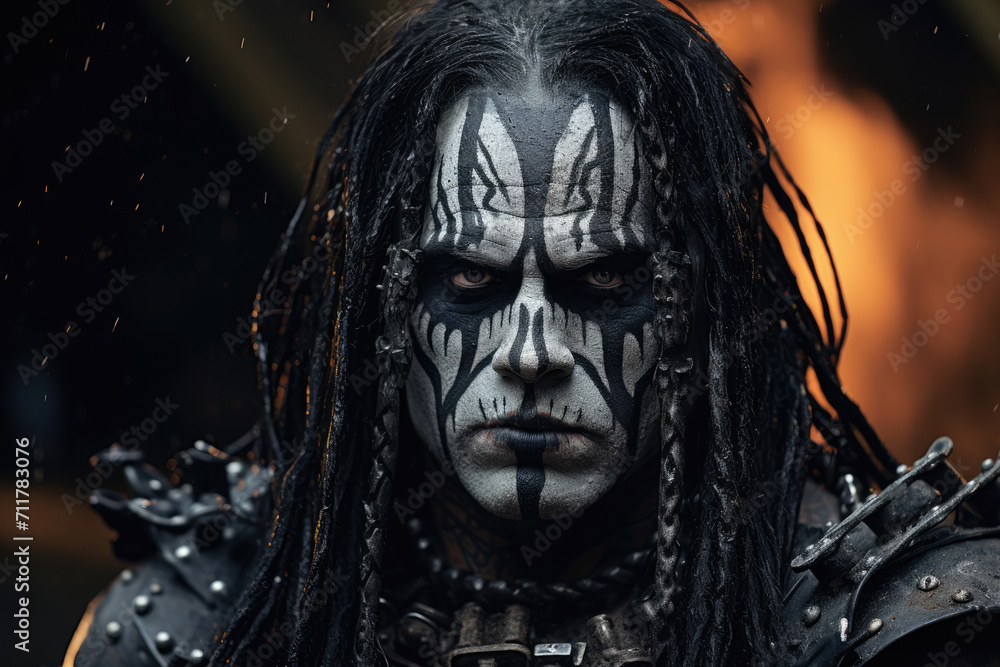 Portrait of a man, black metal metalhead in makeup with long hair Portrait of a man, black metal metalhead in makeup with long hair