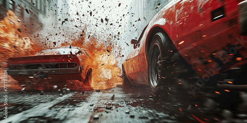 exciting cinematic scene with cars crashing on the streets and glass and dirt flying everywhere photo
