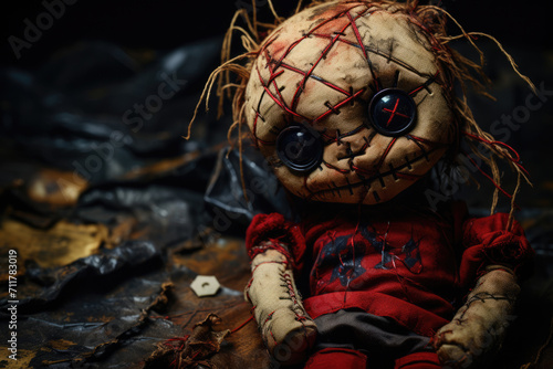 Scary voodoo doll, dark magic, magical esoteric ritual photo
