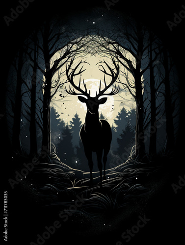 T-shirt design, a mesmerizing interplay of shadow and light that forms a hidden forest within the silhouette of a majestic deer created with Generative Ai © Andrii Yablonskyi